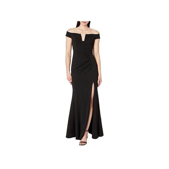 XSCAPE Maxi Dress Women's 10 Black Side Slit U-Front Off The Shoulder ERK263 - Picture 1 of 8